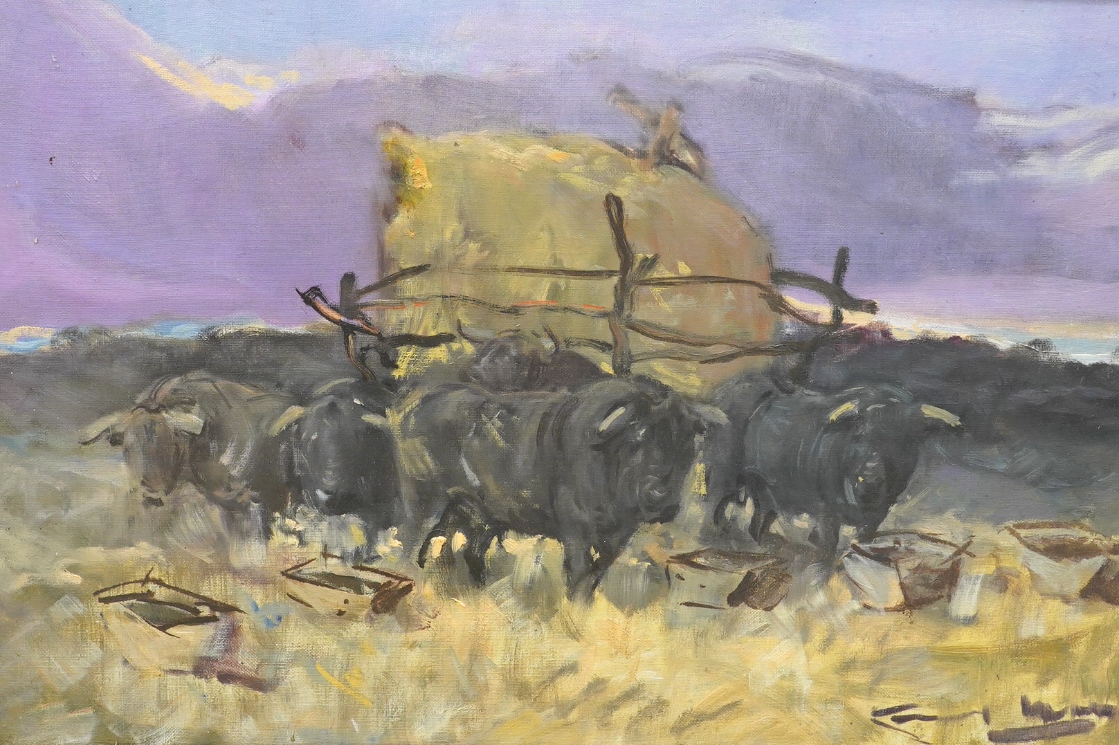 Angel Gonzalez Marcos (Spanish, 1900-1977), oil on canvas board, Oxen pulling a cart, signed, 52 x 82cm, applied plaque to the frame. Condition - fair, board warped